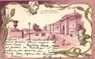 Saint Petersburg, Quai de lAmiraute / quay, floral, Otto Kirchners Art Nouveau, litho
