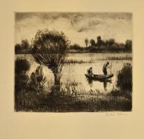Fehér Ilona (1913-1983): Halászok. Rézkarc, papír, jelzett, felcsavarva, 23×26 cm