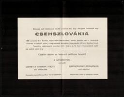 1938 Csehszlovákia felosztása, humoros hirdetmány gyászjelenetés formájában, nyomtatványként elküldve / Division of Czechoslovakia, humorous announcement in form of obituary notice, mailed as printed matter