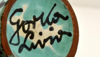 Gorka Lívia (1925-2011): Fekete-kékeszöld csíkos váza, festett, mázas kerámia, jelzett, hibátlan, m:...