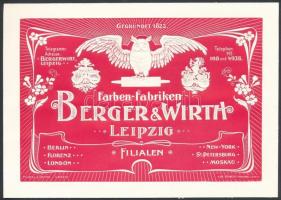cca 1900 Berger&Wirth Farben-Fabriken, díszes szecessziós német reklámnyomtatvány, 12,5×17,5 cm