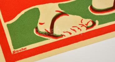 Schreiber jelzéssel: Az ajándék, színes linómetszet, papír, jelzett a linómetszeten, 26×23 cm