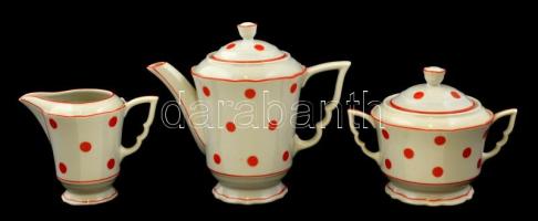 Zsolnay piros pöttyös hiányos mokkás készlet, matricás, jelzett, kopott