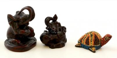 3 db figura: 2 db elefánt, 1 db teknős, műgyanta, ill. fa, különböző méretben