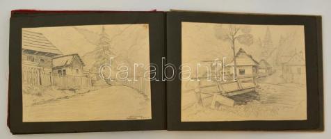 cca 1940 'Hungaria' fotóalbum, kb. 130 fotó és 4 db rajz, erdélyi nyaralás képei, a legvég...