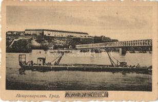 Újvidék, Novi Sad; Pétervárad, híd, uszály / castle, bridge, barge