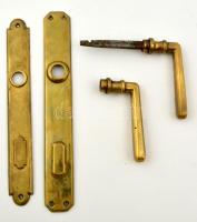 Art deco, felemás réz zárcím és kilincs szet (Kilincs közép. kulcslyuk felső távolsága 10 és 9 cm)