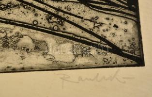 Raszler Károly (1925-2005): Lovas, rézkarc, papír, jelzett, 21×48,5 cm