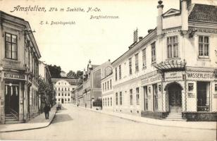 Amstetten, Burgfriedstrasse, K.k. Bezirksgericht / street view, district court, shop of Josef Neuwirth and Josef Hopperwieser (EK)