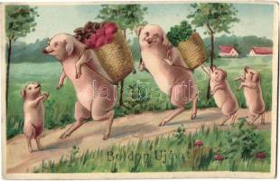 Boldog Új évet / New Year greeting card, pig family, litho (EK)