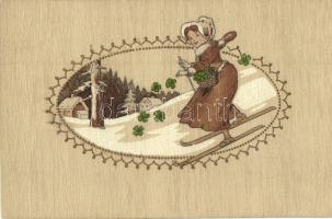 Skiing lady, clovers, decorated Emb. (EK)