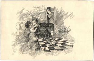 Man playing chess and smoking, cupid, couple, artist signed (r)