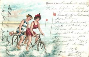 1899 Cycling couple, tandem bicycle, romantic, litho (EK)