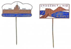 DN "Budapest Országház" zománcozott fém kitűző (14x23mm) + DN "Erzsébet-híd B.pest" zománcozott fém kitűző (12x22mm) T:2