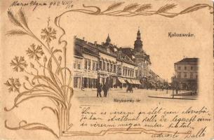 Kolozsvár, Cluj; Mátyás király tér, Wolff J. gyógyszertára, Daniel Antal, Hubay Károly, Schuster Emil üzletei / square, pharmacy, shops, golden decorated Art Nouveau Emb. (EK)