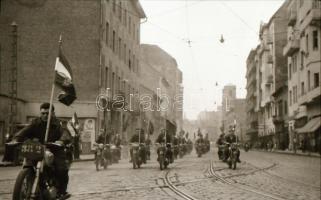 cca 1948 Budapesti motoros felvonulás, motoros verseny és egy autójavító műhelyben készült felvétele...