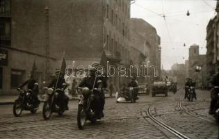 cca 1948 Budapesti motoros felvonulás, motoros verseny és egy autójavító műhelyben készült felvétele...