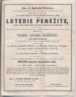 Ausztria / Bécs 1859. Aby císařské královské ředitelství důchodců loterních ve Vídni zavedlo Loterie Peněžite (A császári királyi székhelyű Bécs város nyugdíjasai által bevezetett nagy készpénz nyereményű lottó) hirdetménye cseh és német nyelven, játéktervvel, nyeremények leírásával T:II-,III Austria / Vienna 1859. Aby císařské královské ředitelství důchodců loterních ve Vídni zavedlo Loterie Peněžite Czech and German language advertisement, with game plan and information about prizes C:VF,F