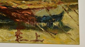 Olvashatatlan jelzéssel: Halászházak, olaj, farost, 20×25 cm