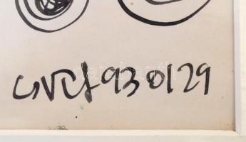 Cs. Németh Miklós (1934-2012): Akt virágkehelyben, tus, papír, jelzett, paszpartuban, 28,5×20 cm