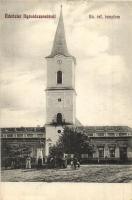 Nyárádszereda, Miercurea Nirajului; Evangélikus református templom, Bocskai István szobor, Steinerem Antal üzlete / church, statue, shop (EK)