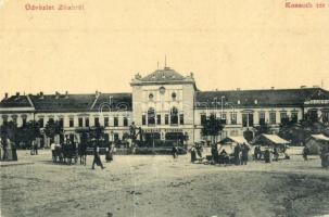Zilah, Zalau; Kossuth tér, Vigadó szálloda, étterem, kávéház, Barta üzlete, piac, W. L. 2337. / square, market, hotel, restaurant, café, shop (fa)