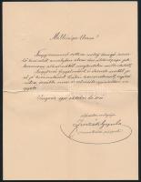 1911 Firczák Gyula (1836-1912) munkácsi püspök levele, aláírással, szárazbélyegzővel, Ungvári keltezéssel, hajtás mentén kis szakadással.