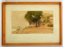 Dobroszláv Lajos (1902-1987): Margitsziget. Akvarell, papír, jelzett, üvegezett keretben, 22×42 cm