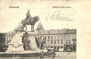 Kolozsvár, Cluj; Matyás király szobor, Erdélyi Bank, Jeney Lajos üzlete / statue, bank, shop