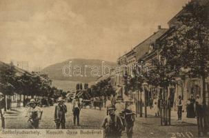 Székelyudvarhely, Odorheiu Secuiesc; Kossuth utca, Budvár, üzletek, Sterba Ödön kiadása / street, shops, mountain