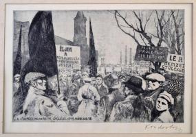 Kondor Lajos (1926-2006): A csepeli munkások gyűlése. 1919 március 18. Rézkarc, papír, jelzett 19 x 29 cm
