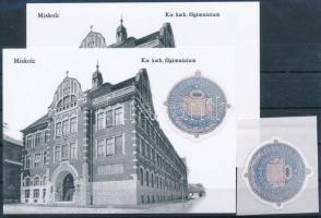 Miskolc Kir. kath. főgimnázium képeslap másolat + képeslap pecsétbélyeggel + pecsétbélyeg