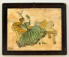 Jelzés nélkül: Hölgy papagájjal. Festett selyemkép. Foltos, lyukas, üvegezett fa keretben, 21x25,5 cm