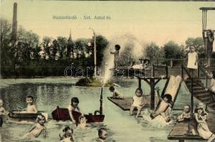Buziásfürdő, Buzias; Szent Antal tó, fürdőző gyerekes montázslap / spa, lake, montage with bathing children