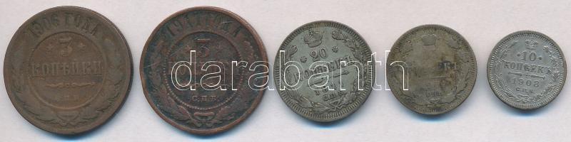 Orosz Birodalom 1904. 15k Ag + 1906. 3k Cu + 1908. 10k Ag + 1911. 3k Cu + 20k Ag T:2,2-,3
Russian E...