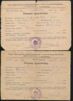 1945 Utazási igazolványok, 2 db, Magyar Államrendőrség Vidéki Főkapitánysága Politikai Rendészeti Osztályának Székesfehérvári kirendeltsége által kiállítva, pecséttel aláírással, a hátoldalon villamosjegy bejegyzéssel, a hajtások mentén szakadásokkal.