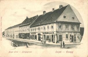 Eszék, Osijek, Essegg; Duga ulica / utcakép, takarékpénztár, Felix Czurd, J. Springer & Petru üzletei, Eugen Selzer kiadása / street view, savings bank, shops (EK)