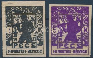 Pécs 1921 Hirdetési bélyegek 1K, 5K vágottak (6.000)