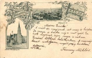 1899 Kolozsvár, Cluj; Fő tér, templom, látkép, Mátyás király szülőháza, Kováts P. fiai kiadása / main square, church, general view, birth house of Matthias Corvinus, floral Art Nouveau (EK)