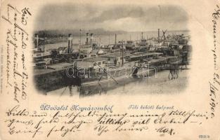 Komárom, Komárno; Téli kikötő balpart, MFTR 24-es uszály. Czike Dénes kiadása / winter port, barge, ships (EB)