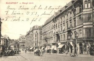 Budapest II. Margit körút, Margit park kávéház, Wohlmuth üzlete, villamos (EB)