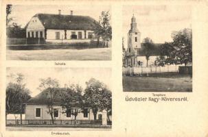 Nagykövéres, Cheveresu Mare; Erdészlak, iskola, templom, Dajkovits J. utóda kiadása / foresters house, school, church (EK)