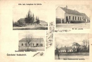 Szákul, Sacu; Görög keleti templom és iskola, Posta, Báró Radossevich kastély, Szoboszlay Sándor üzlete. Dajkovits J. utóda kiadása / church, school, castle, shop, floral