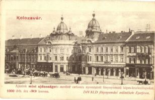 Kolozsvár, Cluj; Mátyás király tér, Fogel Antal, D. Rudas Gerő üzletei, Divald fénynyomdai műintézet reklámja / square, shops, publishing house's advertisement (vágott / cut)