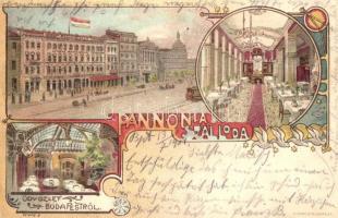 Budapest VIII. Pannónia Szálloda, belső, villamos, Kosmos Art Nouveau litho s: Geiger R. (EK)