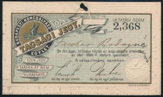 1887-1888 Budapesti Korcsolyázó Egylet tagsági jegye, kis sérüléssel.