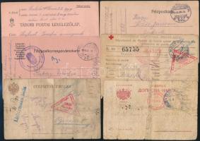 1914-1918 Tábori Postai Levelezőlapok, 20 db, bélyegzőkkel, 2 db 10 filléres bélyeggel, változó álla...