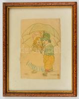Fodor jelzéssel: Gyerekek esernyő alatt. Színes ceruza, papír, üvegezett keretben, 19×13 cm