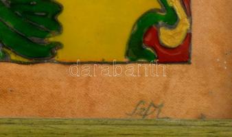 Sz.M. jelzéssel: Zöld ruhás nő. Vegyes technika, selyem, üvegezett keretben, 19×15 cm