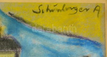 Schönberger jelzéssel: Dombok, házak. pasztell, papír, üvegezett keretben, 29×42 cm